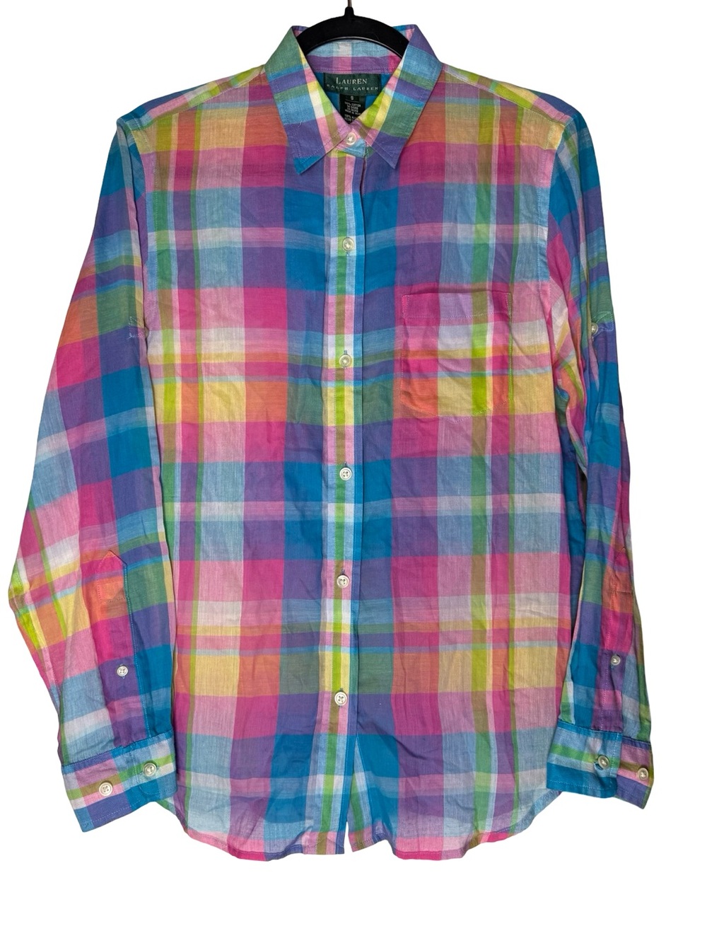 Lauren Ralph Lauren Small Madras Plaid Cotton Button Down Multicolor NEW FLAW